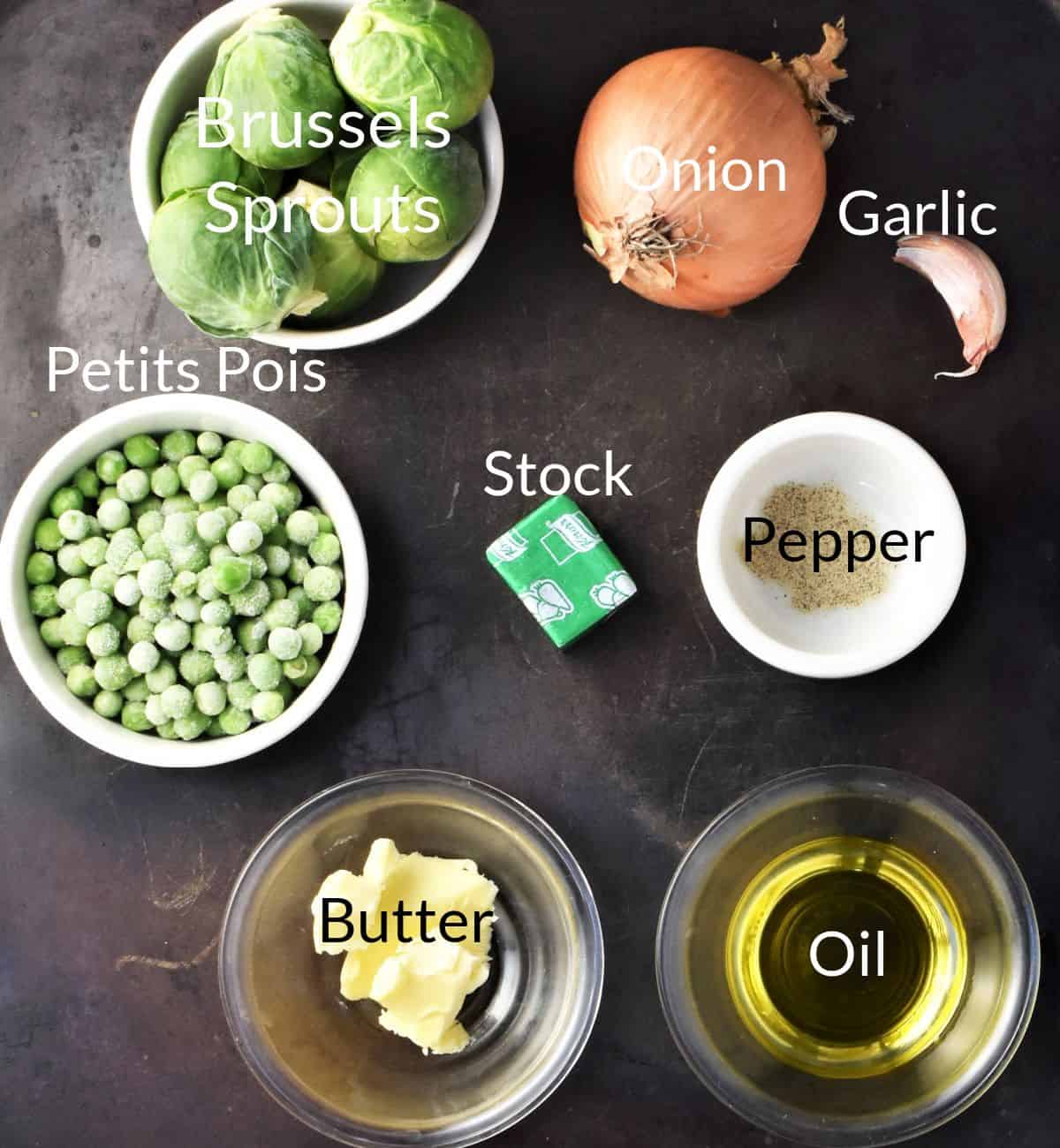 Ingredients for making brussels sprout soup in individual dishes.