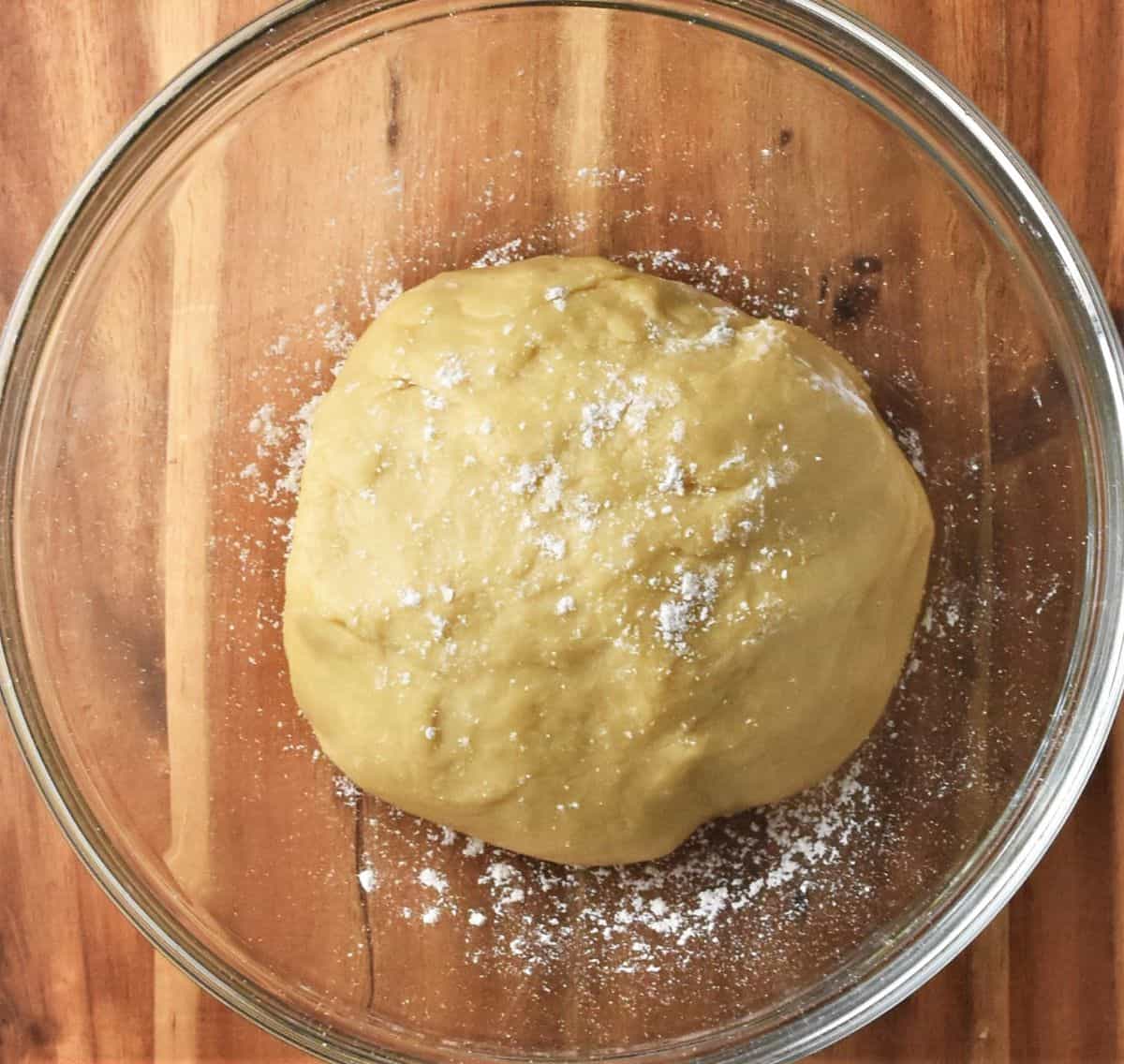 Poppy seed makowiec dough in glass bowl.