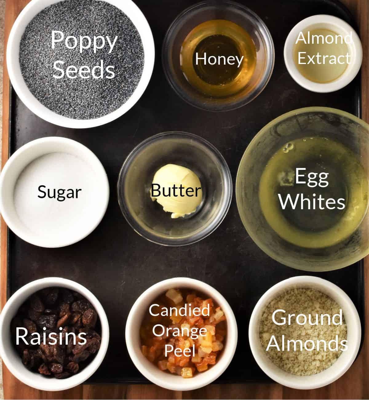 Ingredients for making filling for Polish poppy seed cake in individual dishes.