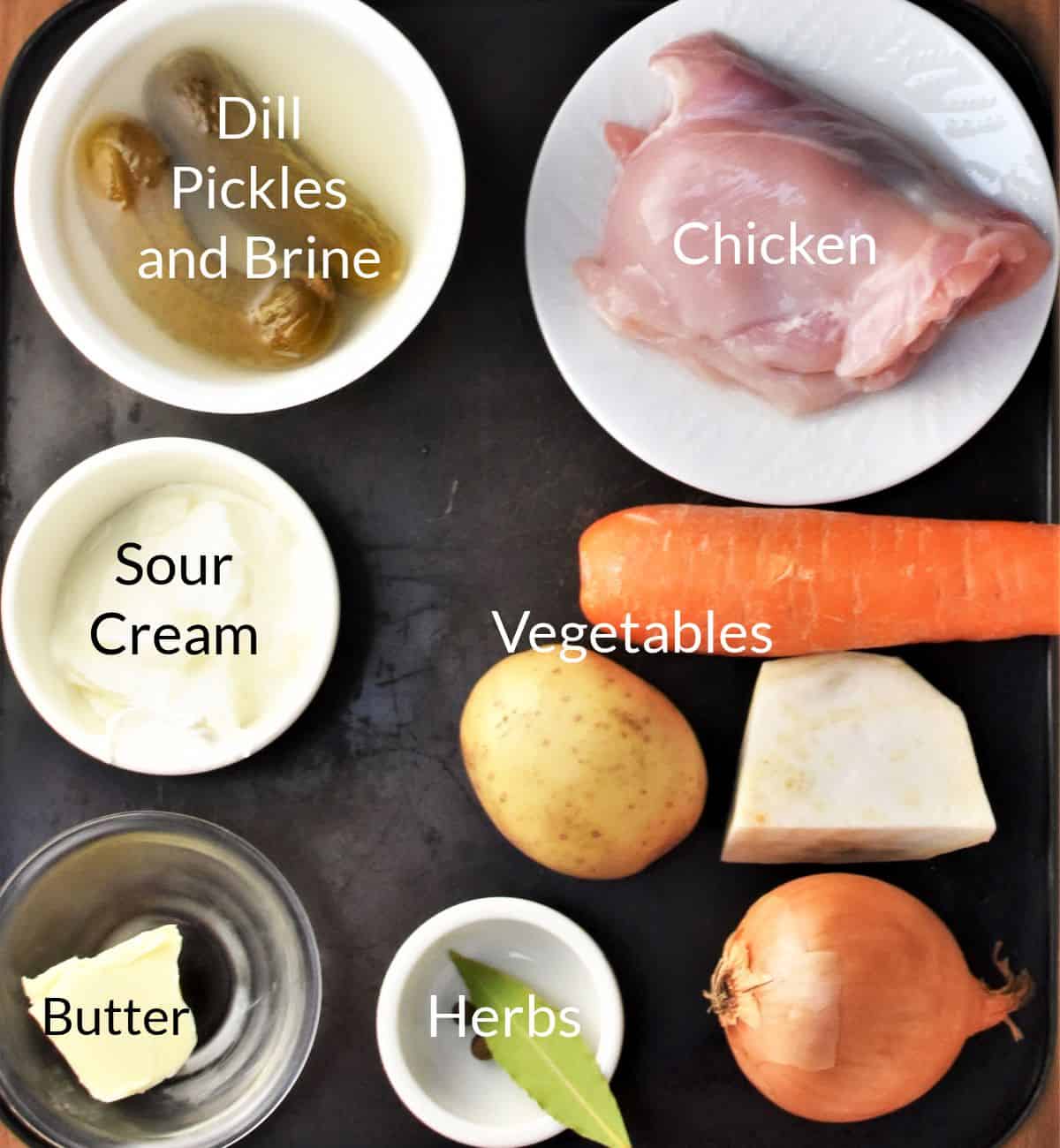 Ingredients for making Polish dill pickle soup in individual dishes.