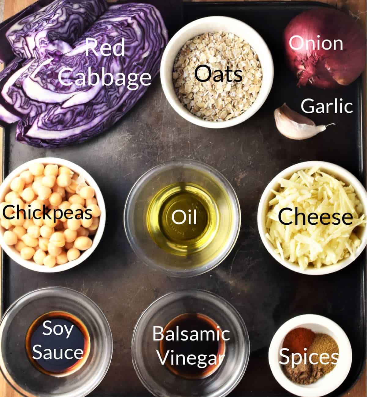 Ingredients for making cabbage patties in individual dishes.