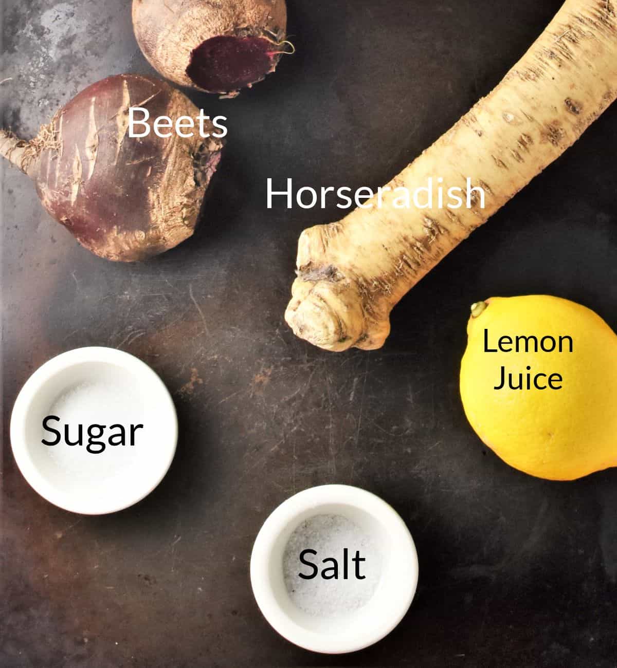 Ingredients for making horseradish beets in individual dishes.