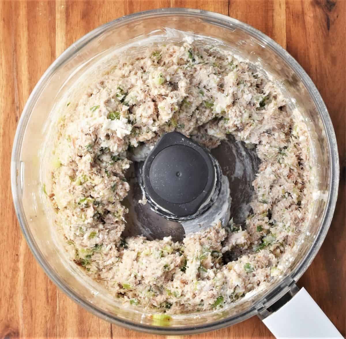Mackerel pate mixture in blender bowl.