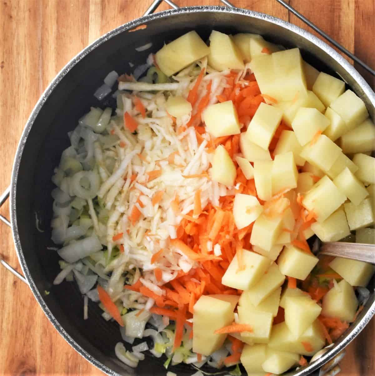 Cubed potatoes and shredded vegetables in large pot.