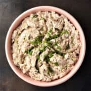 Top down view of smoked mackerel pate in pink bowl.