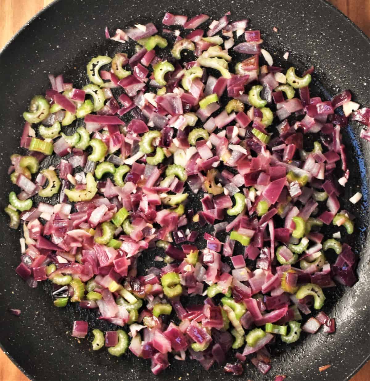 Chopped onion and celery in large frying pan.