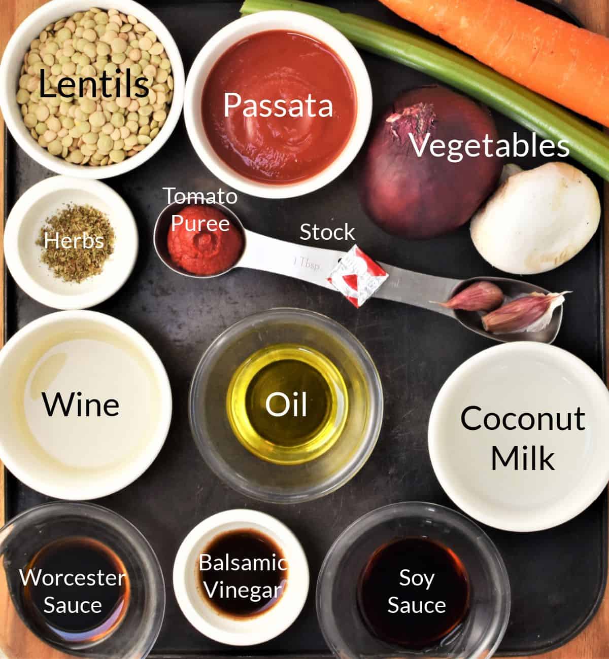 Ingredients for making lentil ragu sauce in individual dishes.