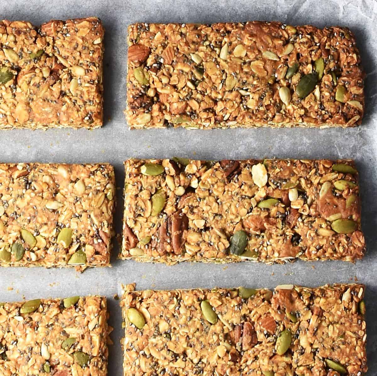 Top down view of bakes, crispy homemade protein peanut butter granola bars on parchment.