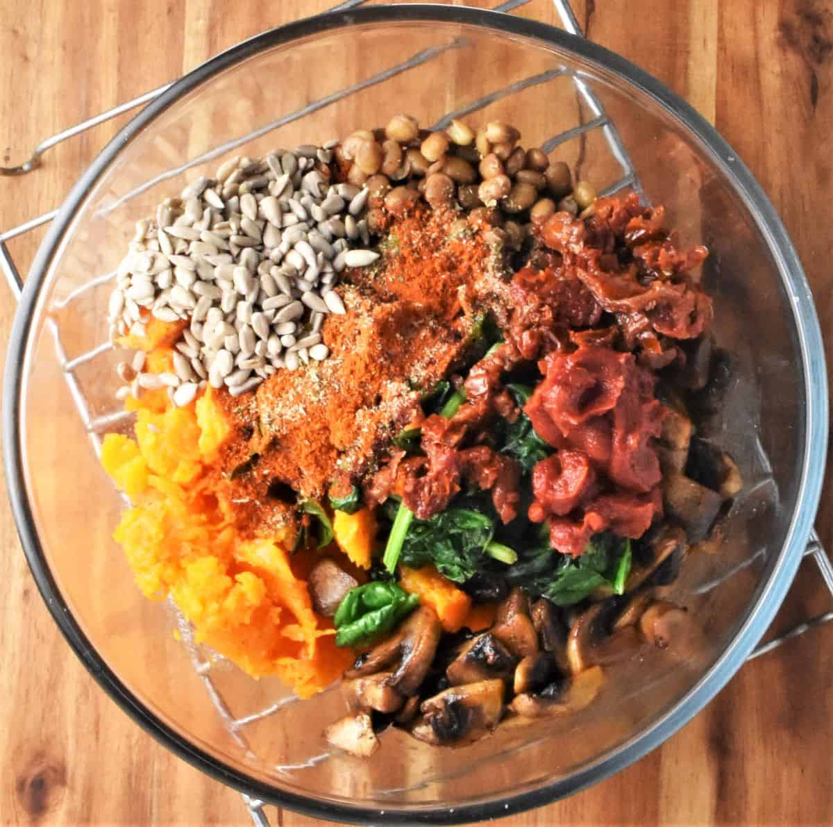 Ingredients for stuffing butternut squash in large mixing bowl.
