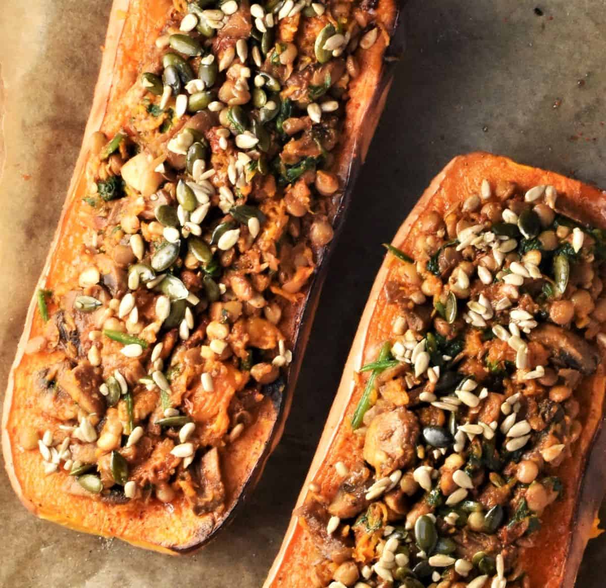 Top down view of stuffed squash halves.