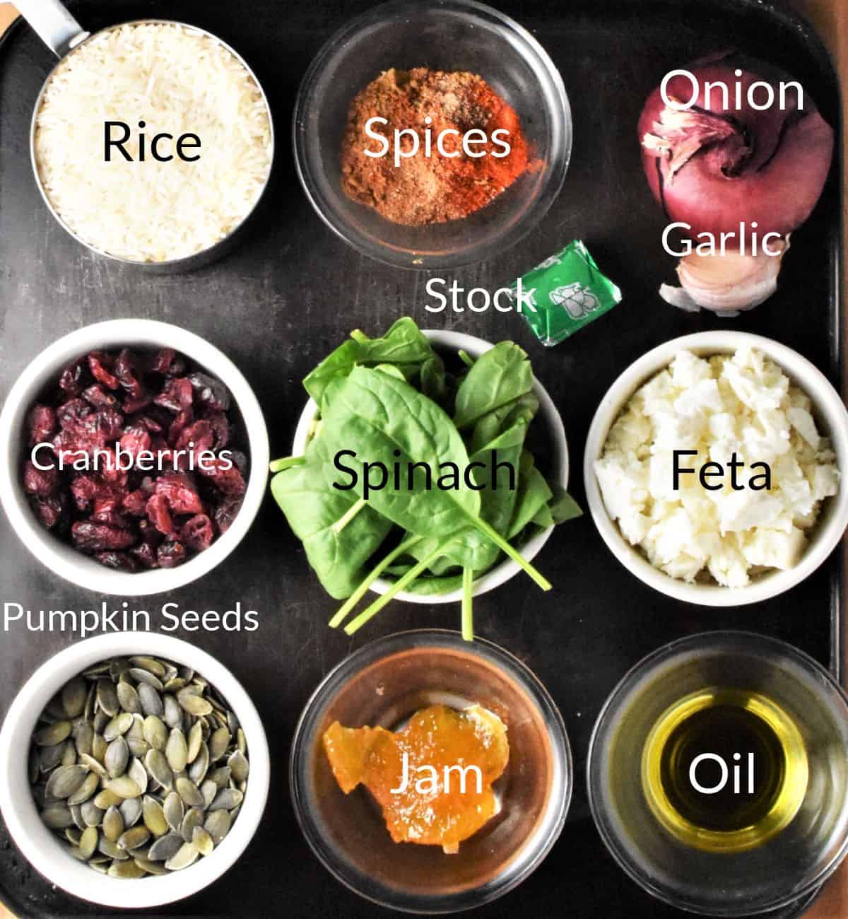 Ingredients for making stuffed pumpkin in individual dishes.