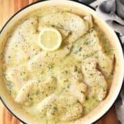 Top down view of turkey breast cutlets in creamy sauce in large shallow pan.
