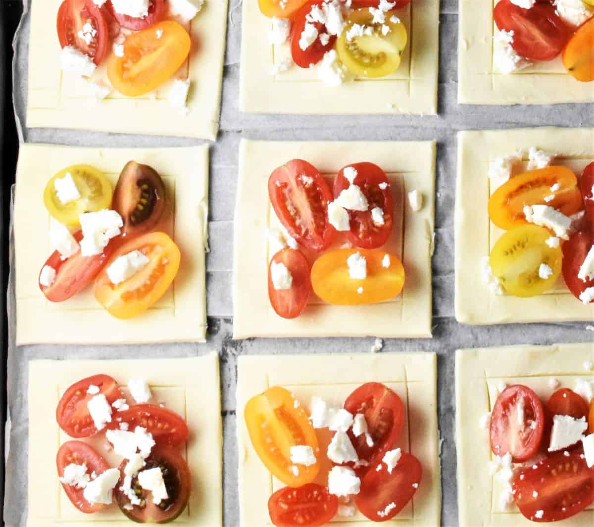 9 mini tomato tarts with feta.