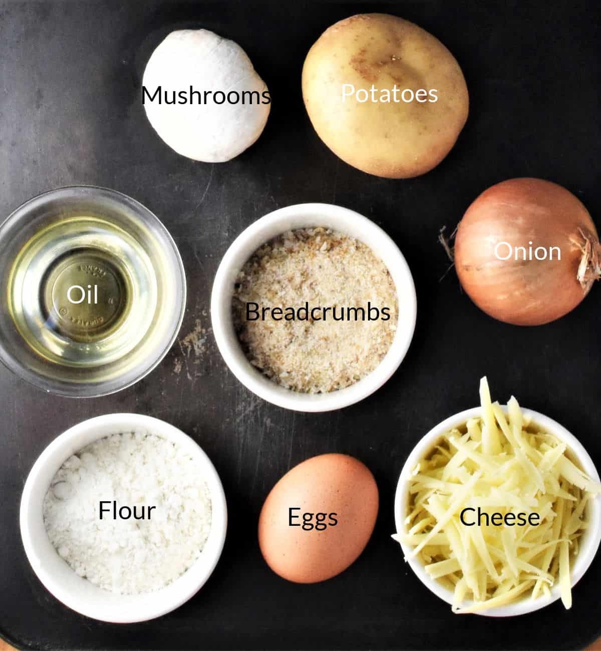Ingredients for making mushroom croquettes in individual dishes.