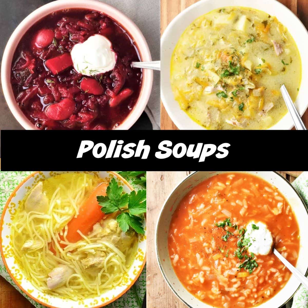 4 colourful Polish soups in bowls.