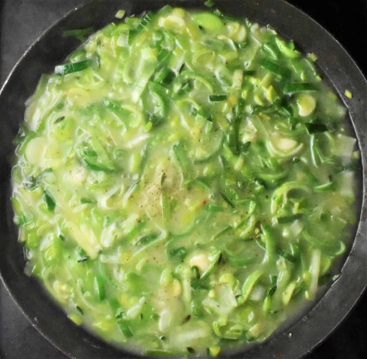 Leek sauce in large shallow pan.
