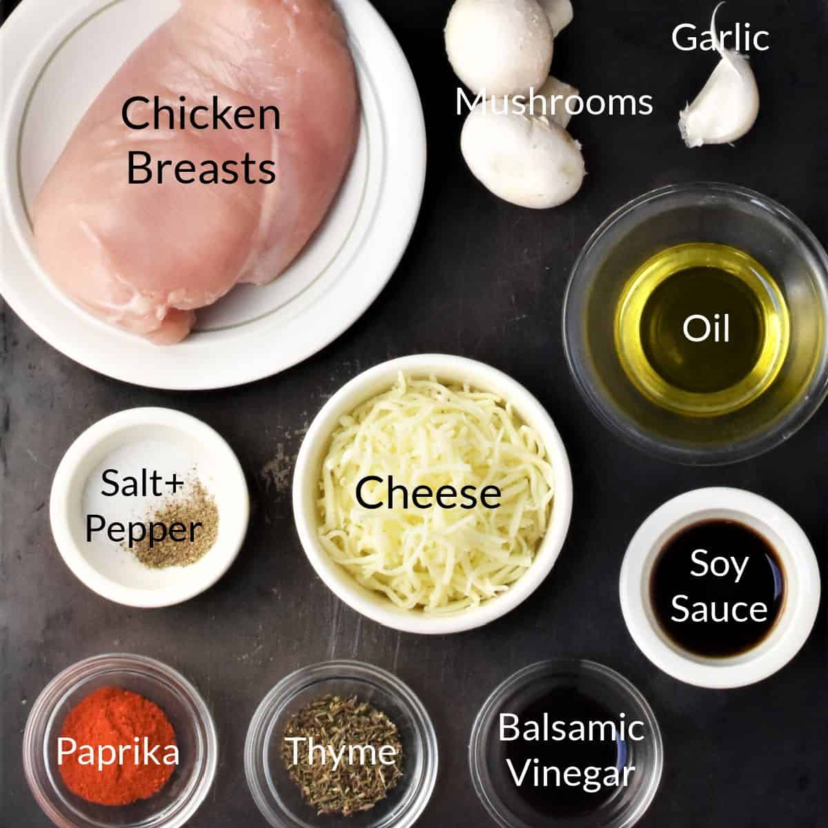 Ingredients for making stuffed chicken breasts with mushrooms in individual dishes.