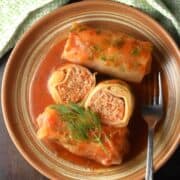 Top down view of turkey cabbage rolls with tomato sauce in brown bowl with fork.