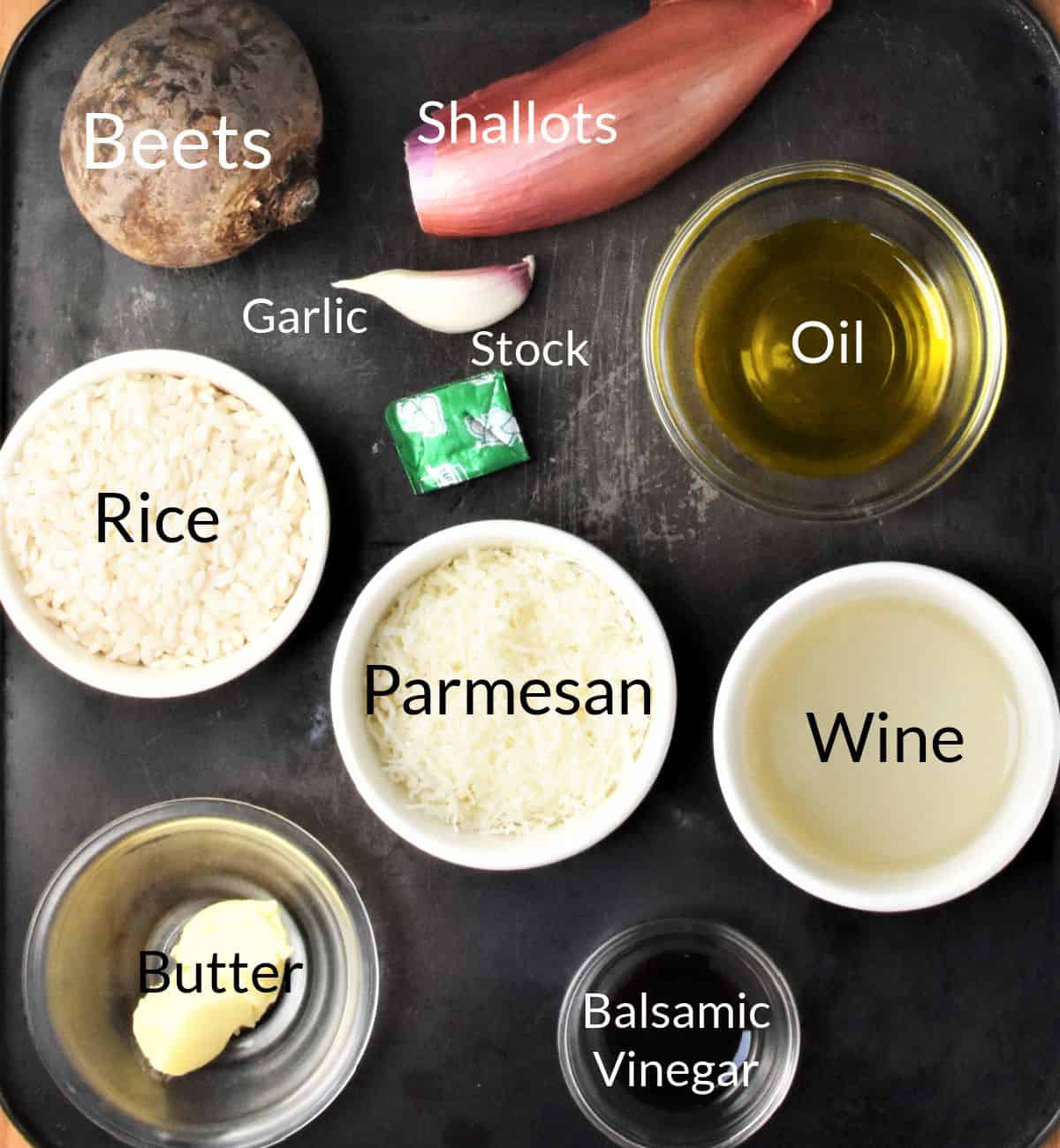 Ingredients for making beetroot risotto in individual dishes.