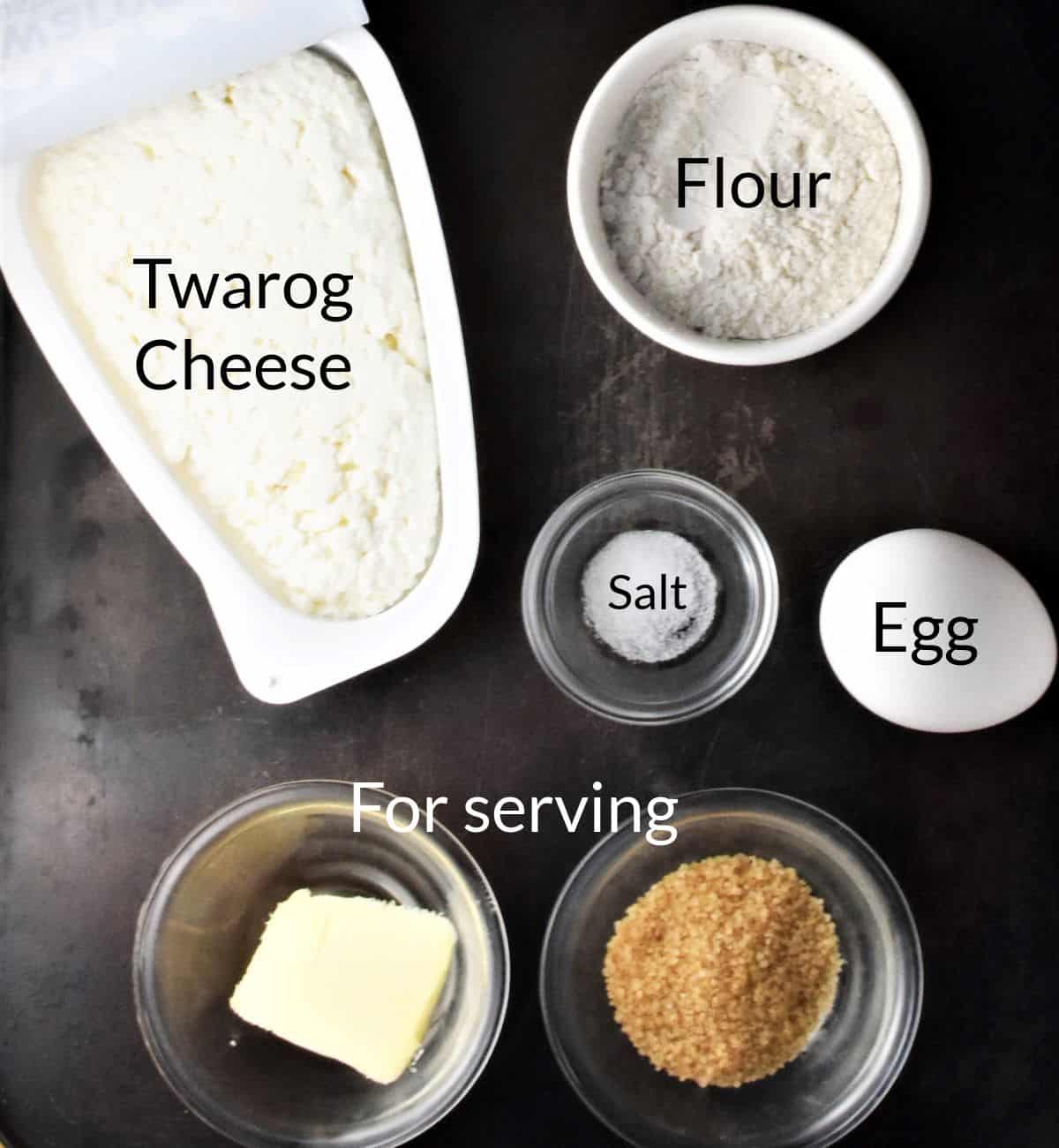 Ingredients for making lazy pierogi in individual dishes.