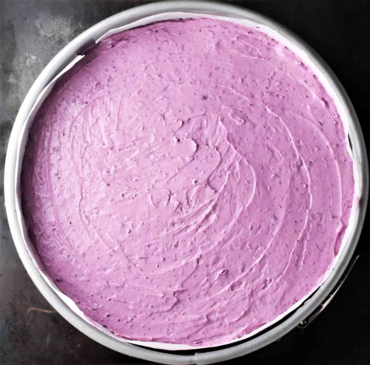 Top down view of blueberry cheesecake in round pan.