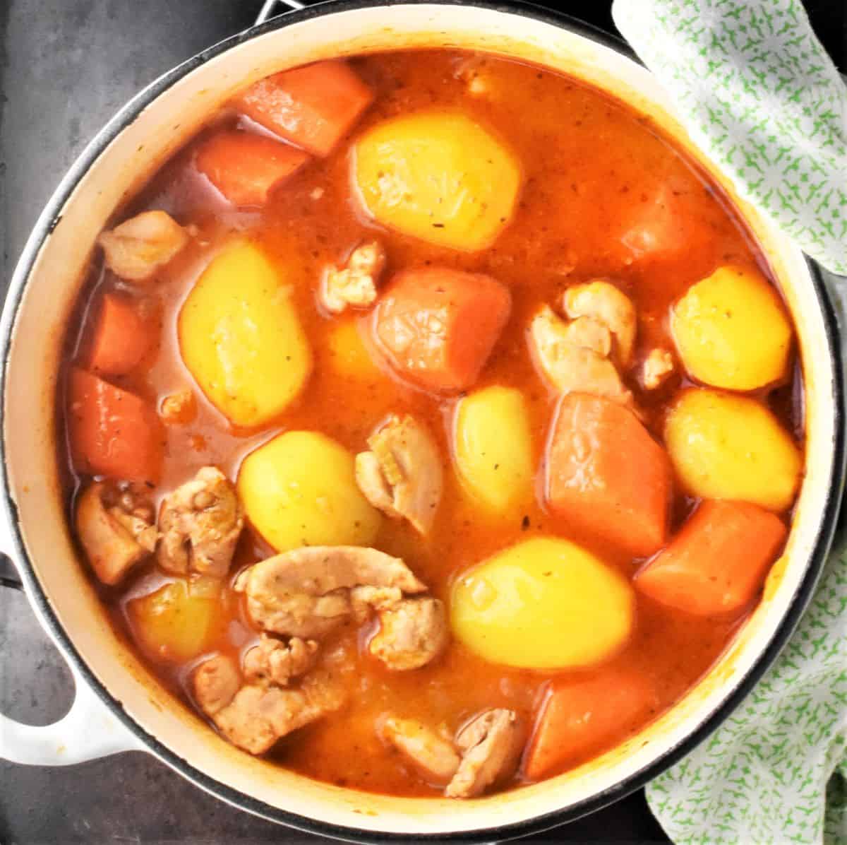 Top down view of stew with vegetables and chicken in large white pot.