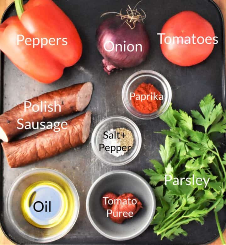 Ingredients for making letcho in individual dishes.