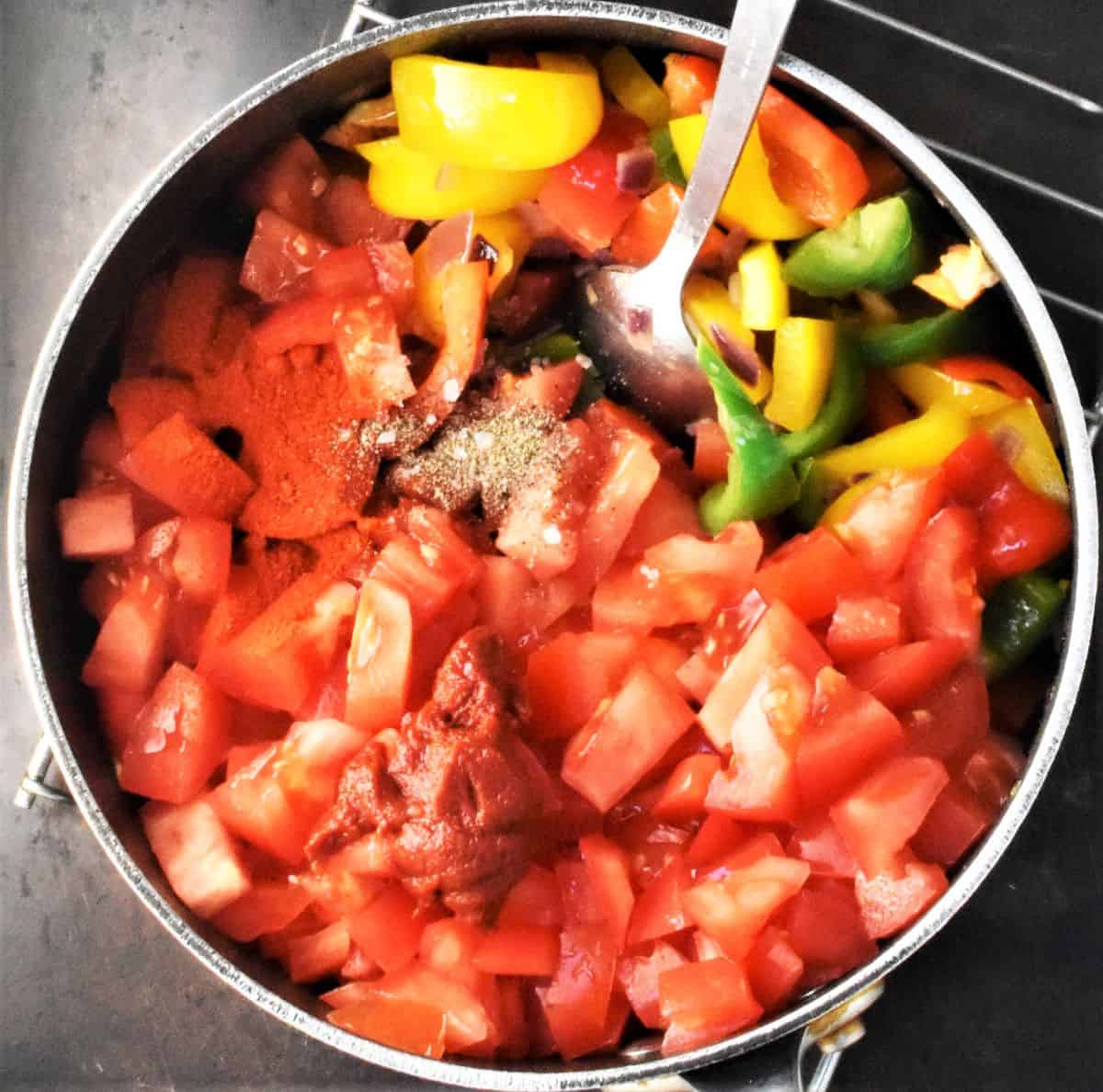 Stew with peppers and tomatoes in pot with spoon.