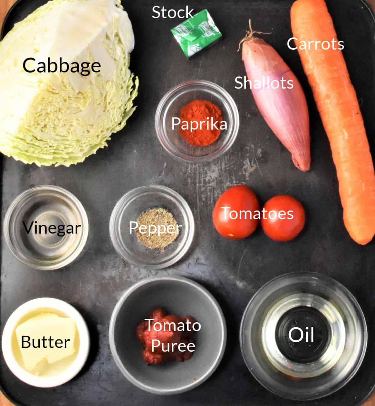 Ingredients for making vegetarian cabbage soup in individual dishes.