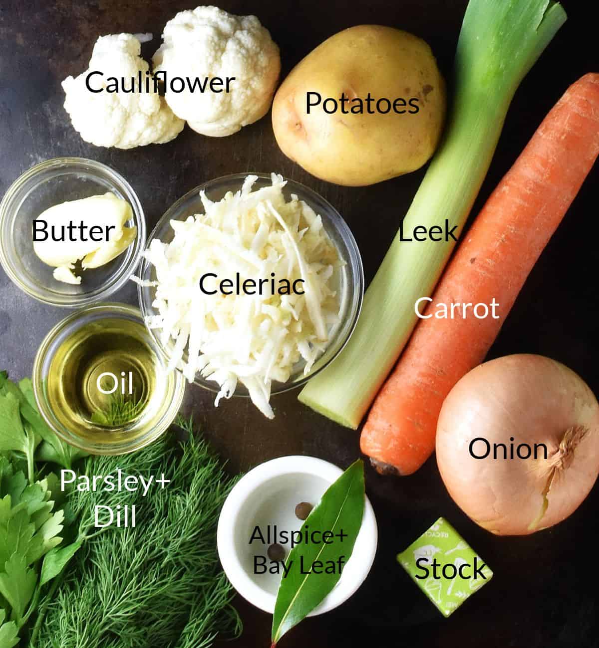Top down view of ingredients for Polish cauliflower soup in individual dishes.