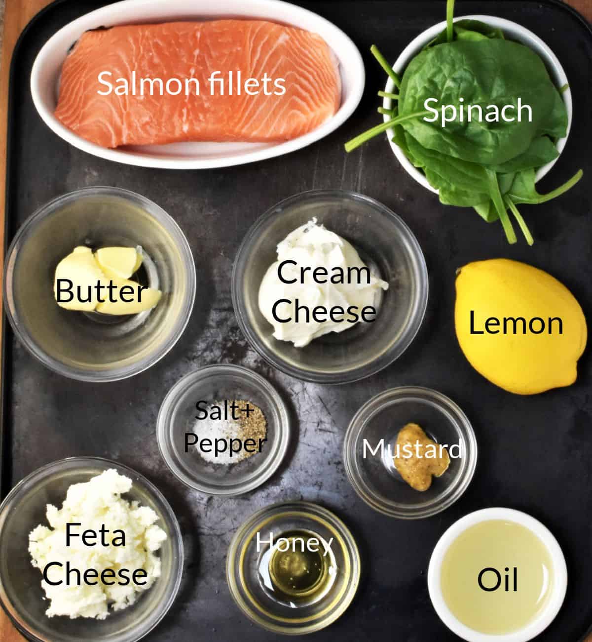 Ingredients for making hasselback salmon in individual dishes.