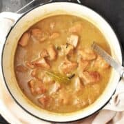 Top down view of Polish goulash with pork and gravy in white pot with ladle.