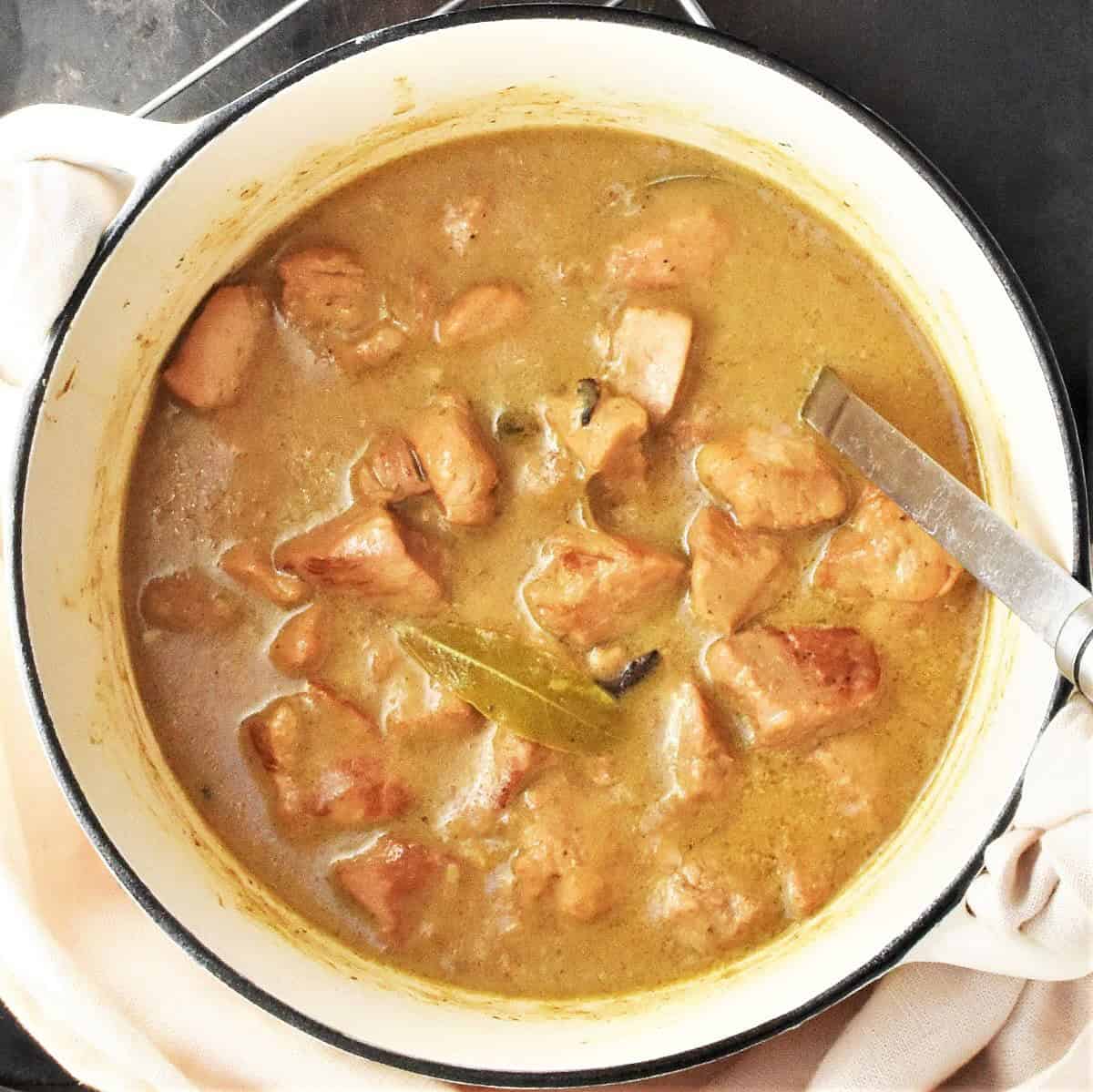 Top down view of Polish goulash with pork and gravy in white pot with ladle.