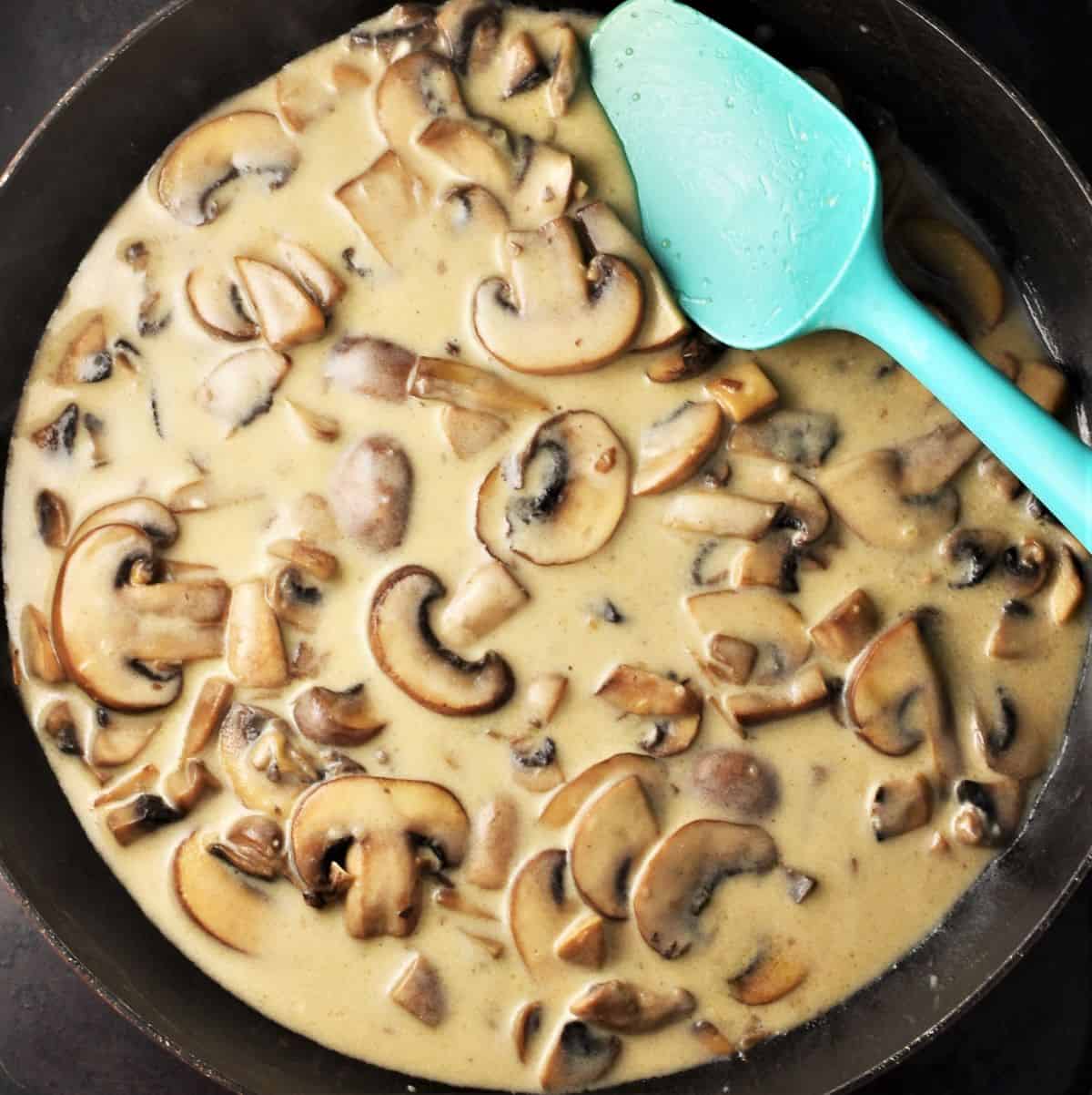 Sour cream sauce with chunks of mushrooms in shallow pan with blue spoon.