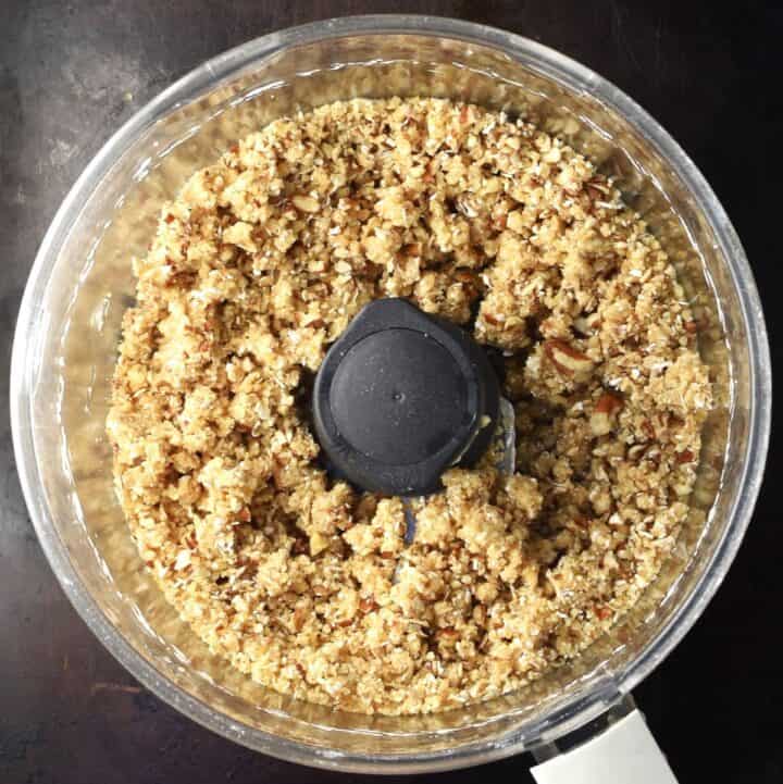 Top down view of crumble topping mixture for apple tart.