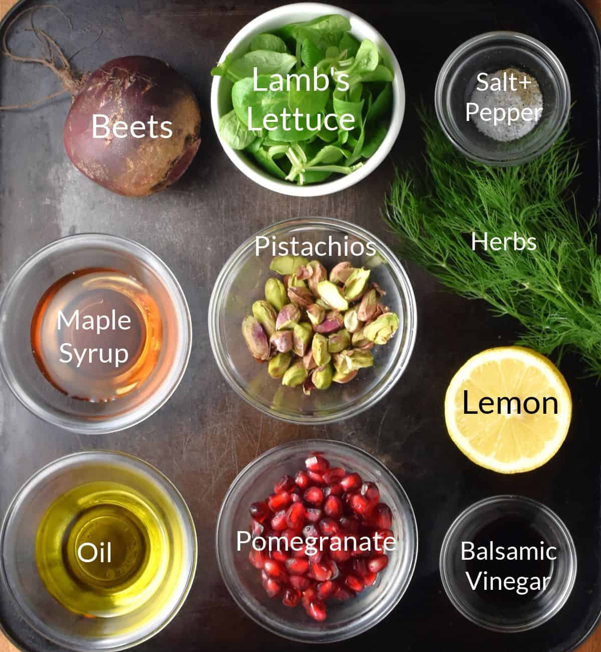 Ingredients for making beet carpaccio in individual dishes.