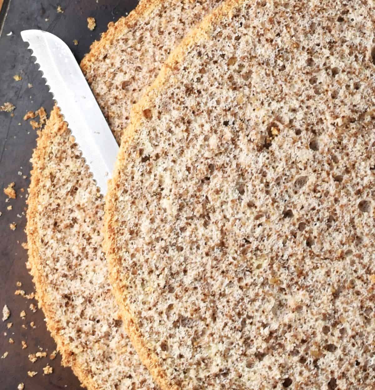 Cut sponge cake with serrated knife.