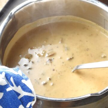 Close-up view of Polish mushroom sauce in pot with spoon.