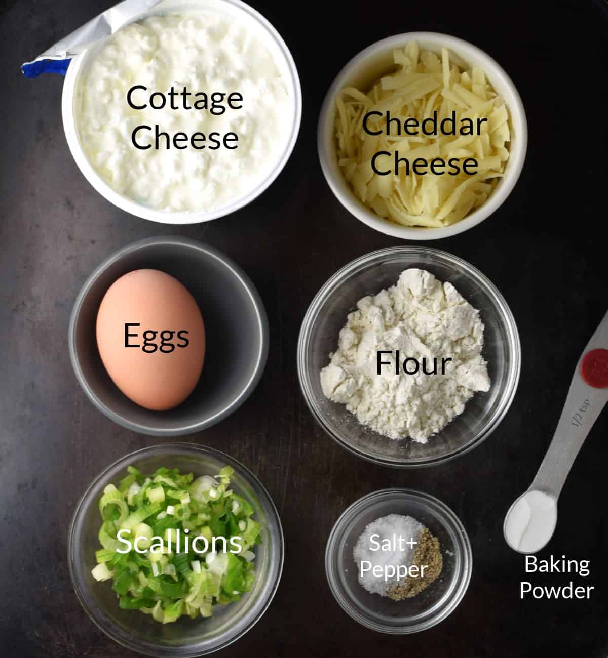 Ingredients for making cottage cheese and egg muffins in individual dishes.