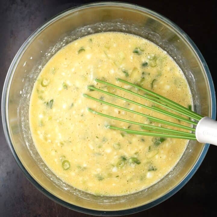 Egg cottage cheese muffin batter in bowl.