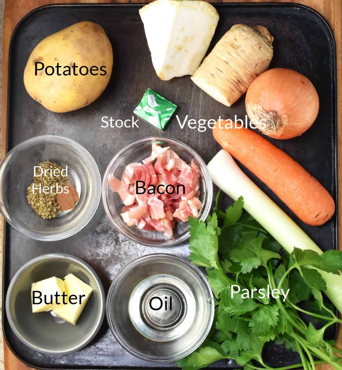 Ingredients for making Polish potato soup in individual dishes.