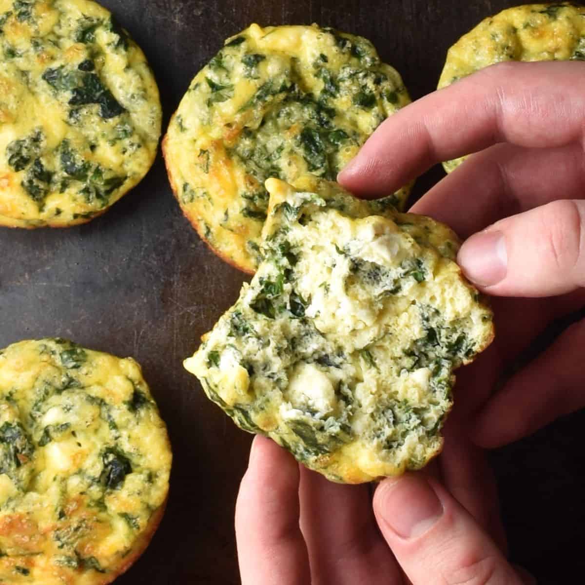 Close-up view of hands holding opened egg spinach cup with more muffins in background.