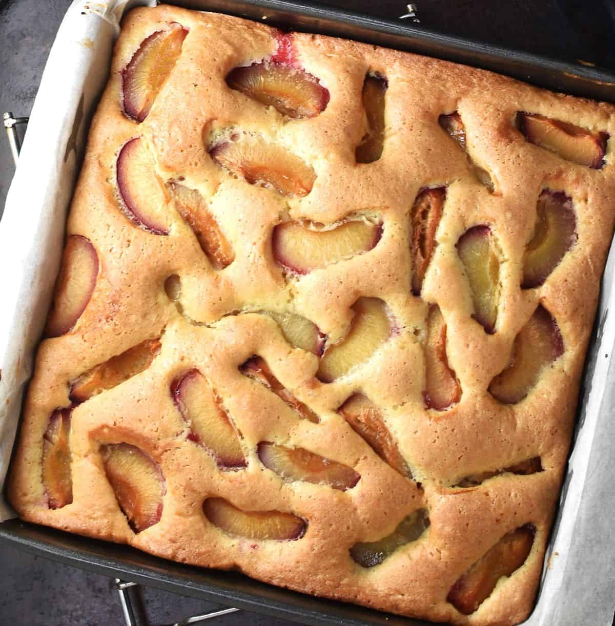 Top down view of baked plum cake in square pan.
