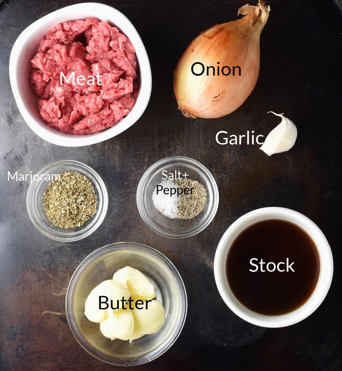 Ingredients for making koldunai filling in individual dishes.