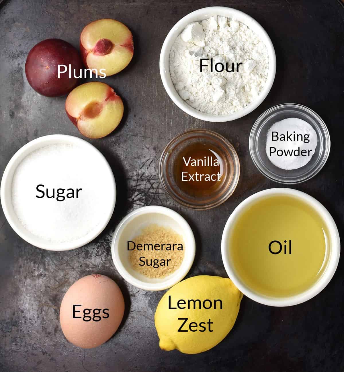 Ingredients for making easy Polish plum cake in individual dishes.