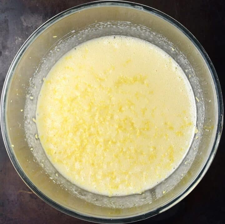 Beaten egg mixture in glass bowl.