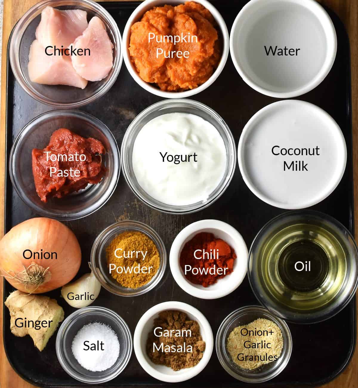 Ingredients for making pumpkin and chicken curry in individual dishes.