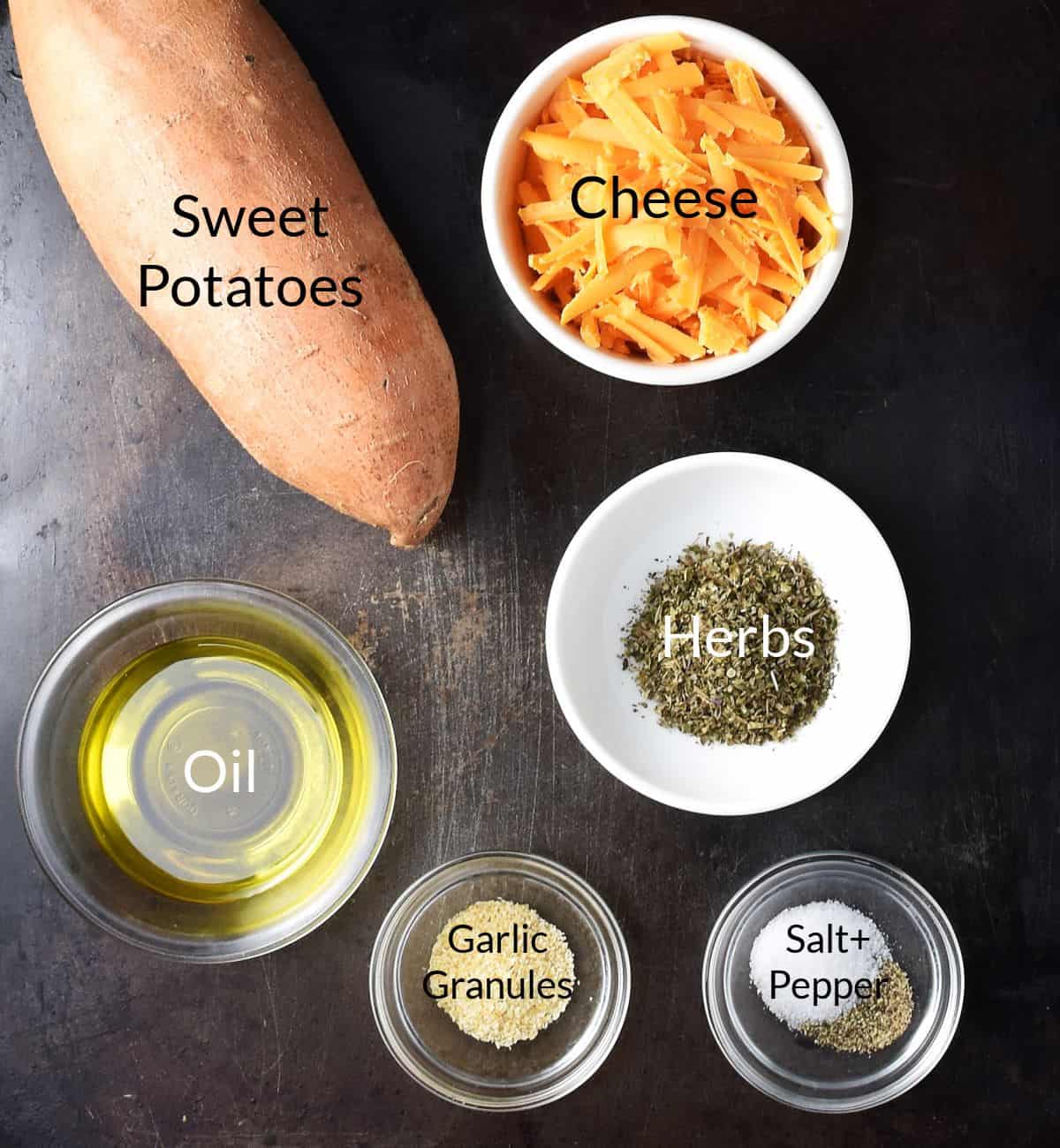 Top down view of ingredients for making scalloped sweet potatoes in individual dishes.