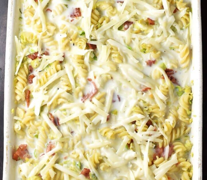 Pasta with brussels sprouts in creamy sauce with shredded cheese.