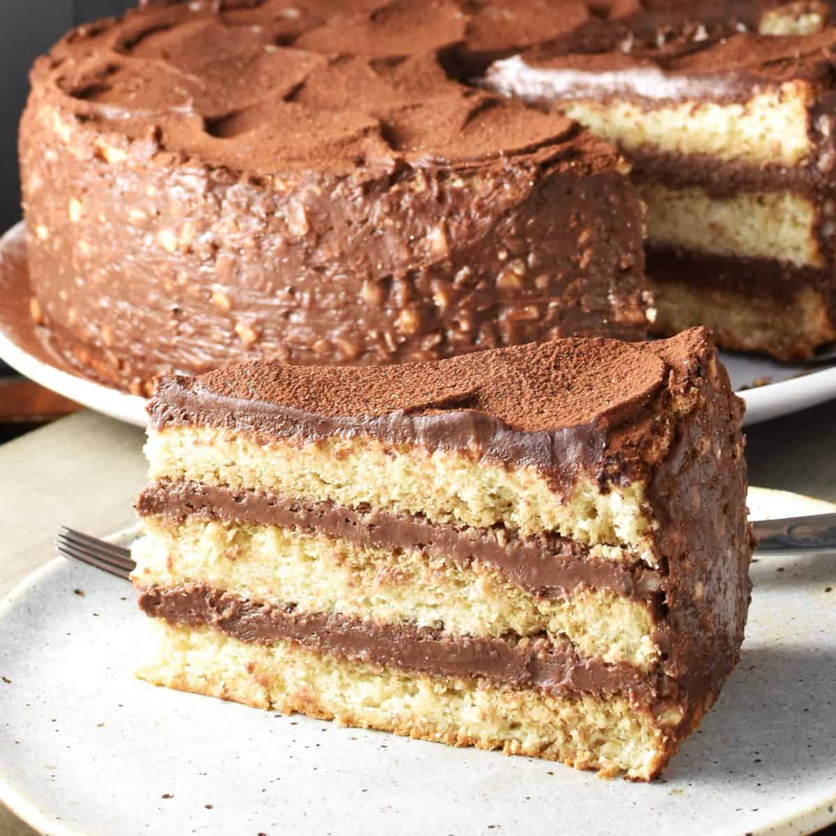 Side view of Polish hazelnut chocolate cake torte slice on plate with cake in background.